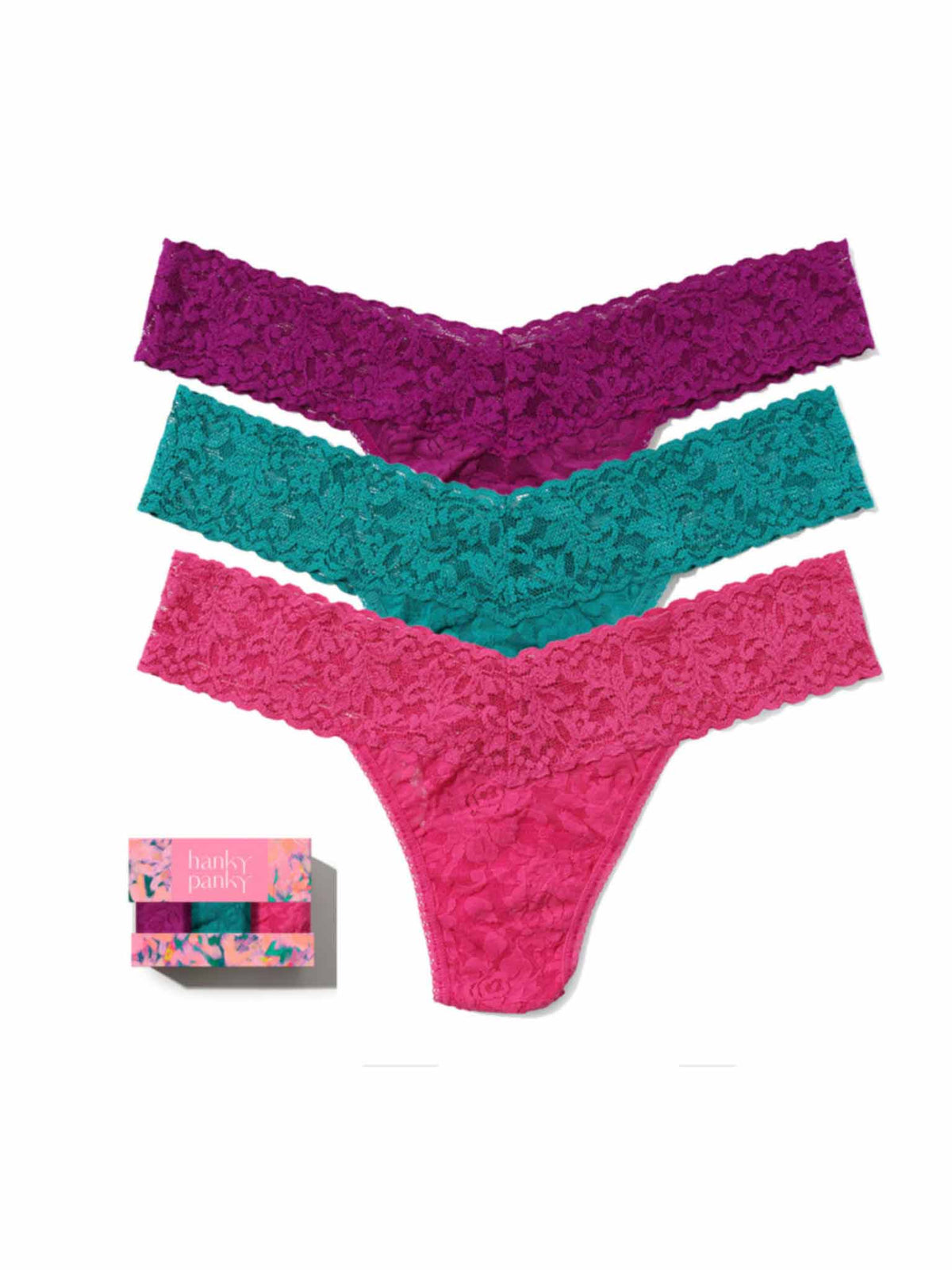 3 Pack Signature Lace® Low Rise Thongs In Printed Box Boysenberry Purple/Dark Teal/Dragon Fruit Pink - Hanky Panky