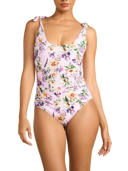Ruched Bow One Piece Swimsuit Fawning Flora Purple - Hanky Panky