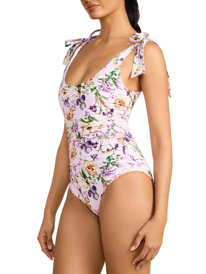 Ruched Bow One Piece Swimsuit Fawning Flora Purple - Hanky Panky