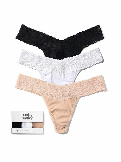 3 Pack Supima® Cotton Original Rise Thongs with Lace - Hanky Panky
