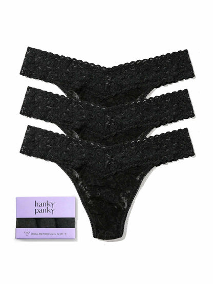 3 Pack Signature Lace® Original Rise Thongs Black - Hanky Panky