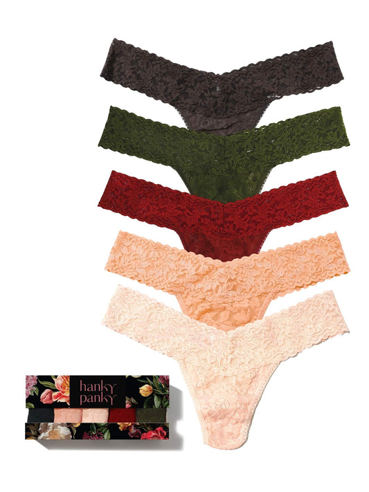 Golden Hour 5 Pack Signature Lace® Low Rise Thongs In Printed Box - Hanky Panky