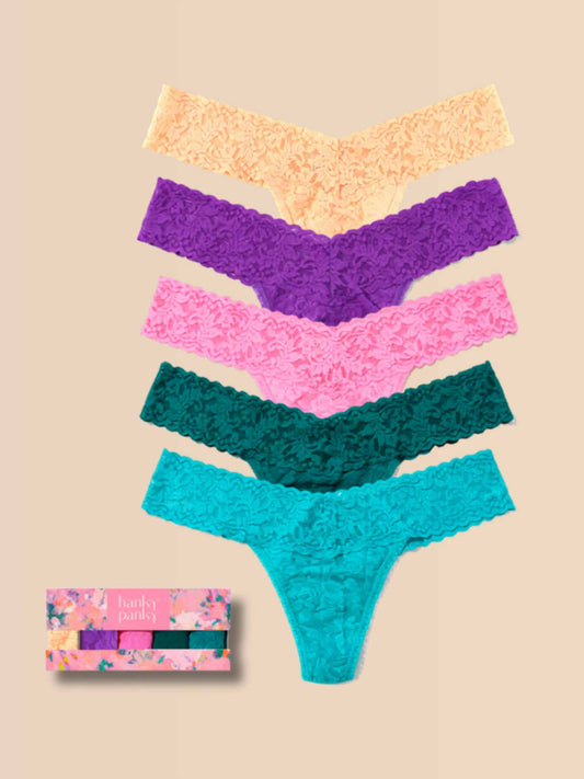5 Pack Signature Lace® Low Rise Thongs In Printed Box Apricot Crush/Vivacious Violet/Taffy/Moodstone/Seabreeze - Hanky Panky