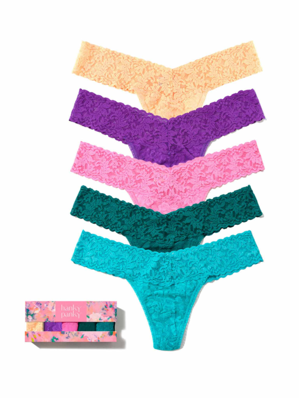 5 Pack Signature Lace® Low Rise Thongs In Printed Box Apricot Crush/Vivacious Violet/Taffy/Moodstone/Seabreeze - Hanky Panky
