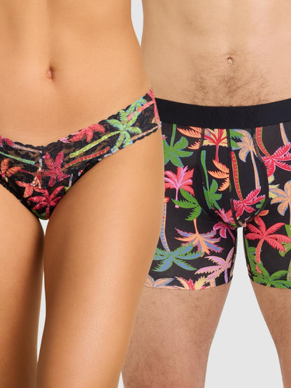 Signature Lace® Low Rise Printed Thong And SAXX Drop Temp Cooling Cotton Boxer Brief Mixed Palms-Black - Hanky Panky
