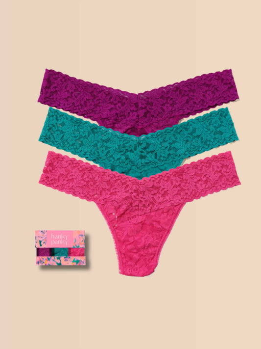 3 Pack Signature Lace® Low Rise Thongs In Printed Box Boysenberry Purple/Dark Teal/Dragon Fruit Pink - Hanky Panky