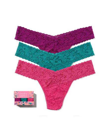 3 Pack Signature Lace® Low Rise Thongs In Printed Box Boysenberry Purple/Dark Teal/Dragon Fruit Pink - Hanky Panky