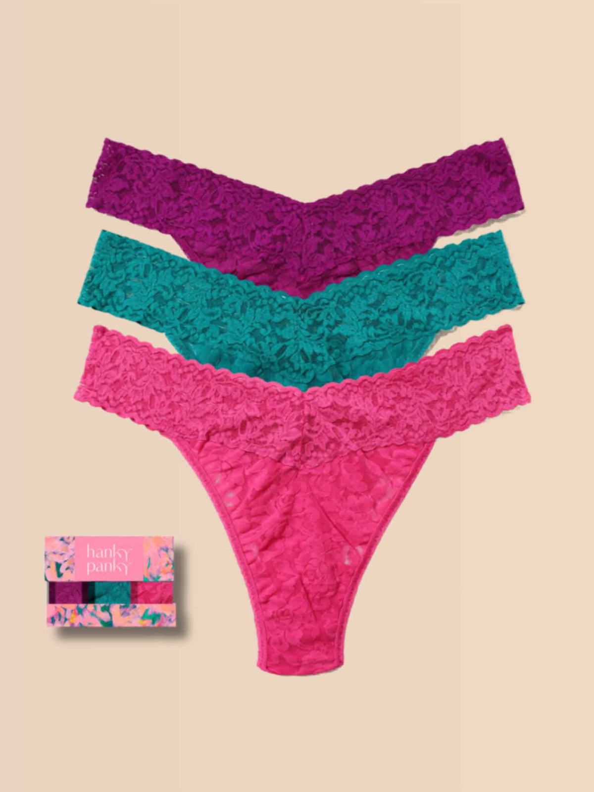 3 Pack Signature Lace® Original Rise Thongs In Printed Box Boysenberry Purple/Dark Teal/Dragon Fruit Pink - Hanky Panky