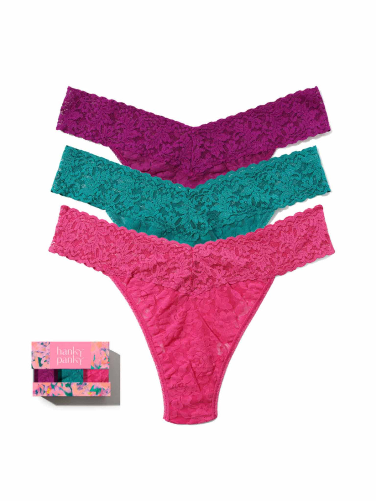 3 Pack Signature Lace® Original Rise Thongs In Printed Box Boysenberry Purple/Dark Teal/Dragon Fruit Pink - Hanky Panky