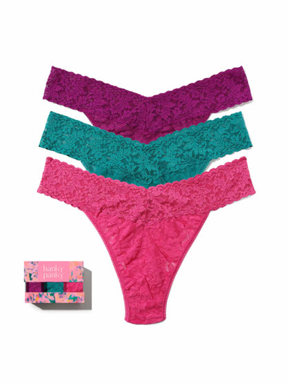 3 Pack Signature Lace® Original Rise Thongs In Printed Box Boysenberry Purple/Dark Teal/Dragon Fruit Pink - Hanky Panky