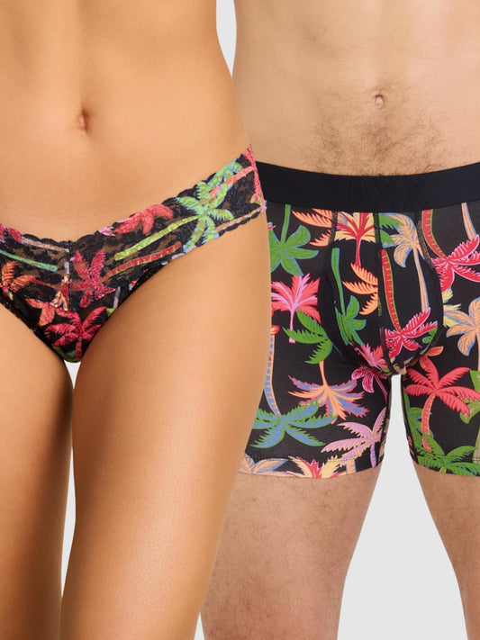 Signature Lace® Original Rise Printed Thong And SAXX Drop Temp Cooling Cotton Boxer Brief Mixed Palms-Black - Hanky Panky