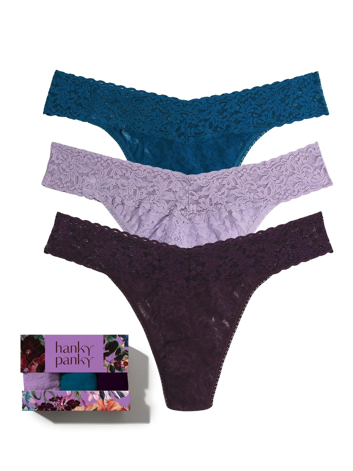 Jewel Box 3 Pack Signature Lace® Original Rise Thongs In Printed Box - Hanky Panky