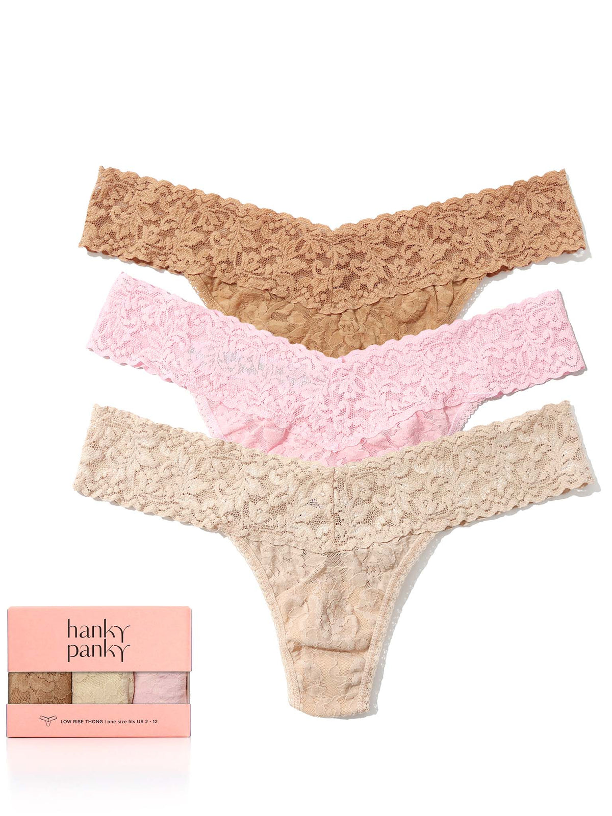 3 Pack Signature Lace® Low Rise Thongs Chai/Taupe/Suntan - Hanky Panky