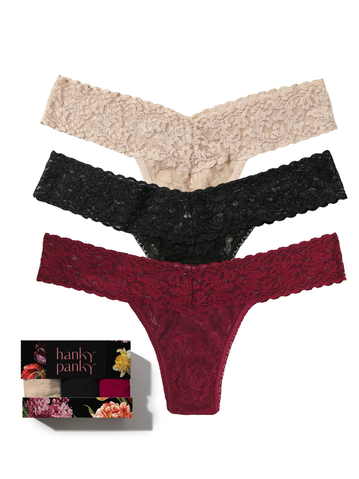 Bottle Service 3 Pack Signature Lace® Low Rise Thongs In Printed Box - Hanky Panky