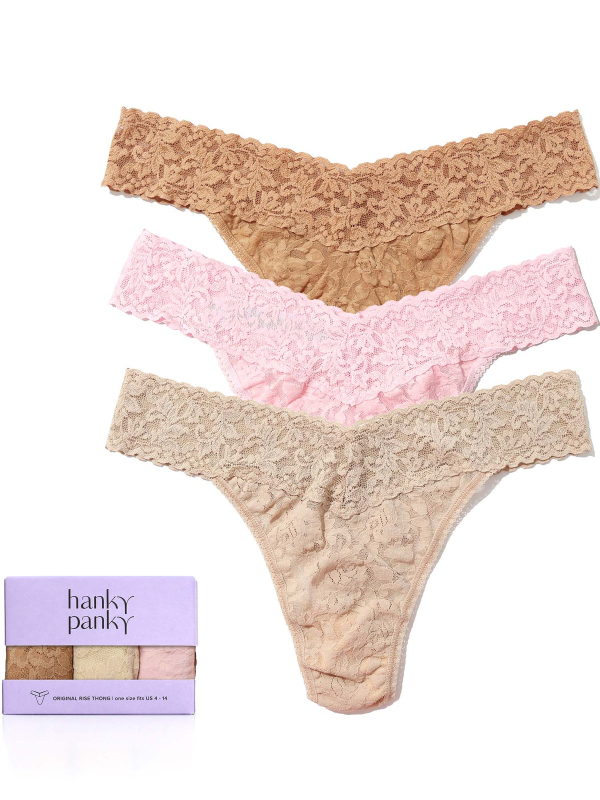 3 Pack Signature Lace® Original Rise Thongs SUNTAN/CHAI/BLUSHING ROSE - Hanky Panky