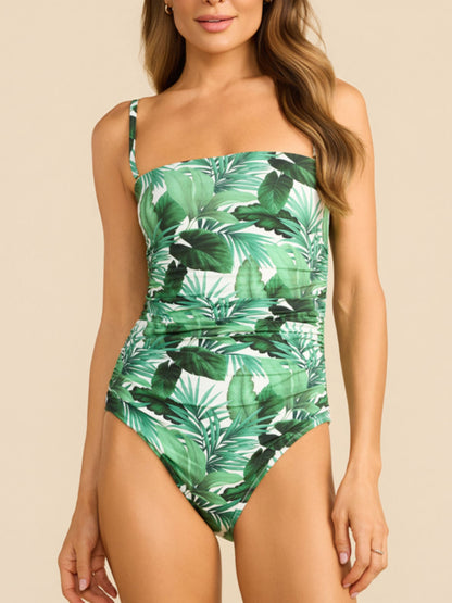 Bandeau One Piece Swimsuit Stay Floral Palm Tree Green - Hanky Panky
