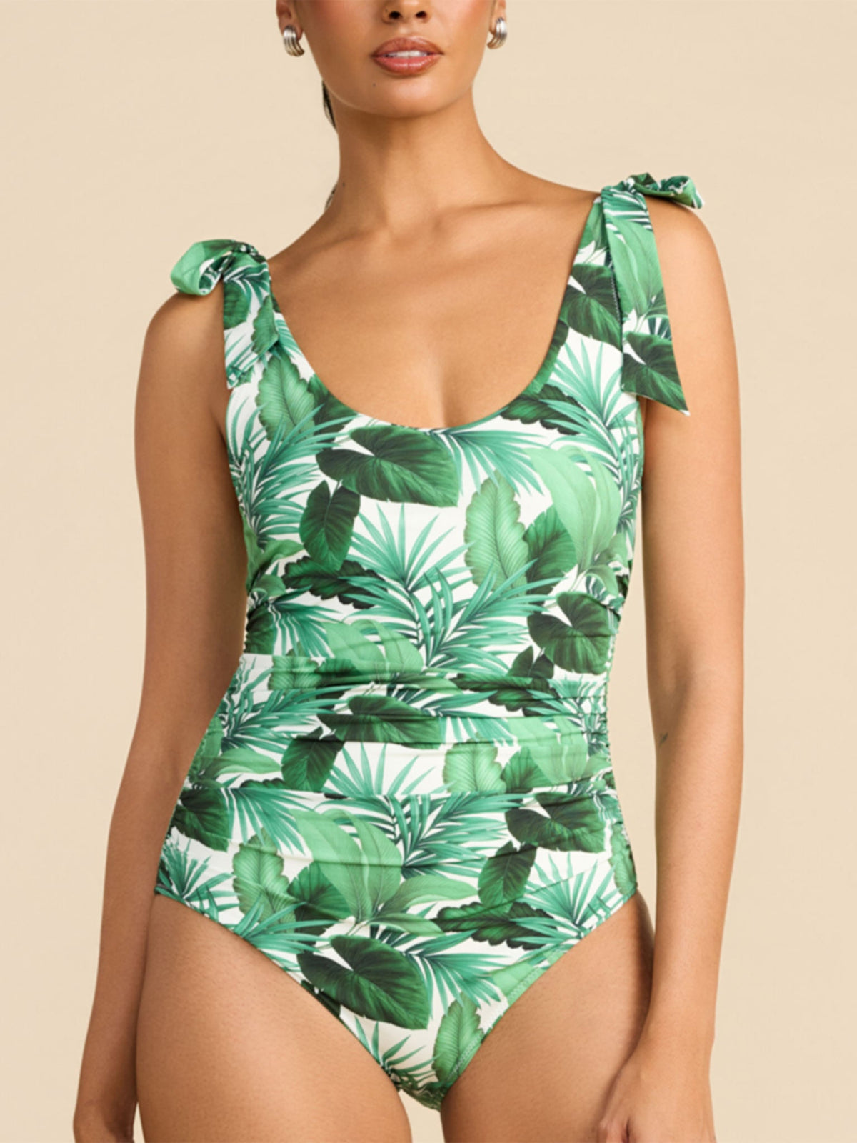 Ruched Bow One Piece Stay Floral Palm Tree Green - Hanky Panky